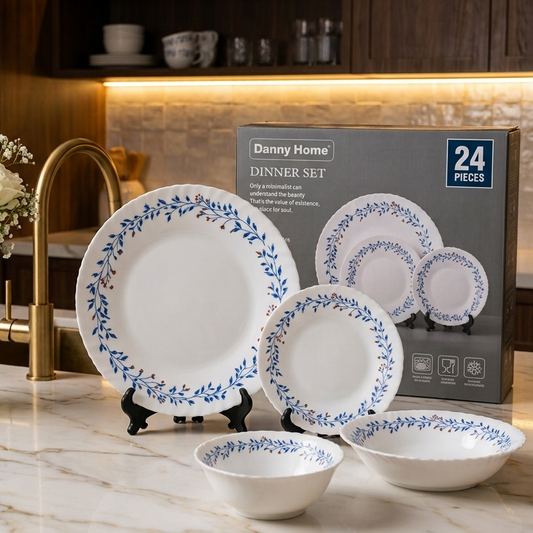 Danny Home 24-piece opalware dinner set with blue vine floral pattern displayed on marble countertop