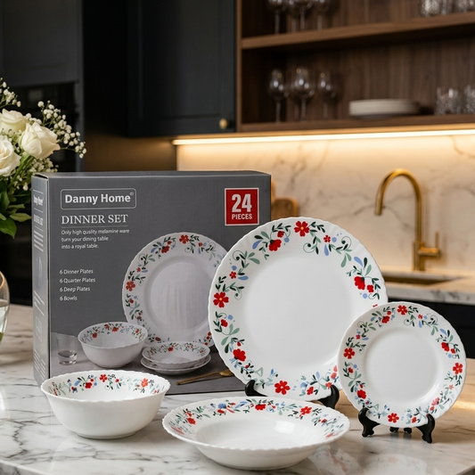 Danny Home 24-piece floral melamine dinner set displayed on a marble kitchen counter
