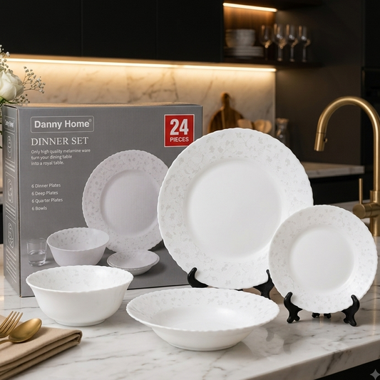 Danny Home 24-piece melamine dinner set displayed on marble kitchen counter