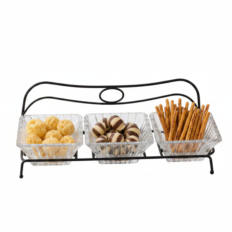 Danny Home 3 section glass snack bowl set filled with snacks on a black metal stand