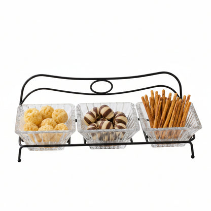 Danny Home 3 section glass snack bowl set filled with snacks on a black metal stand