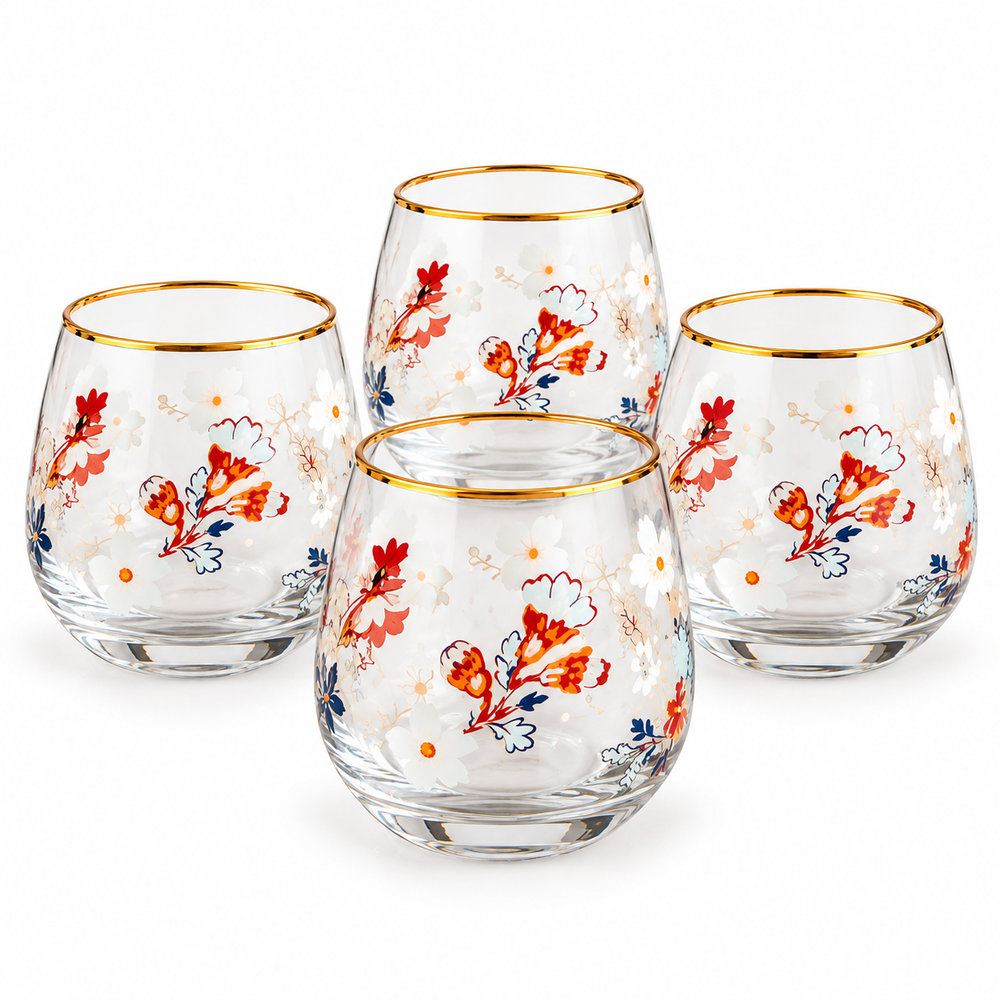 Danny Home 4 piece clear water glass set with floral print and gold rim 345ml