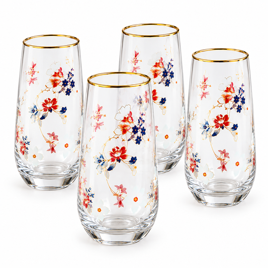 Danny Home 4 piece floral drinking glass set 560ml with gold rim