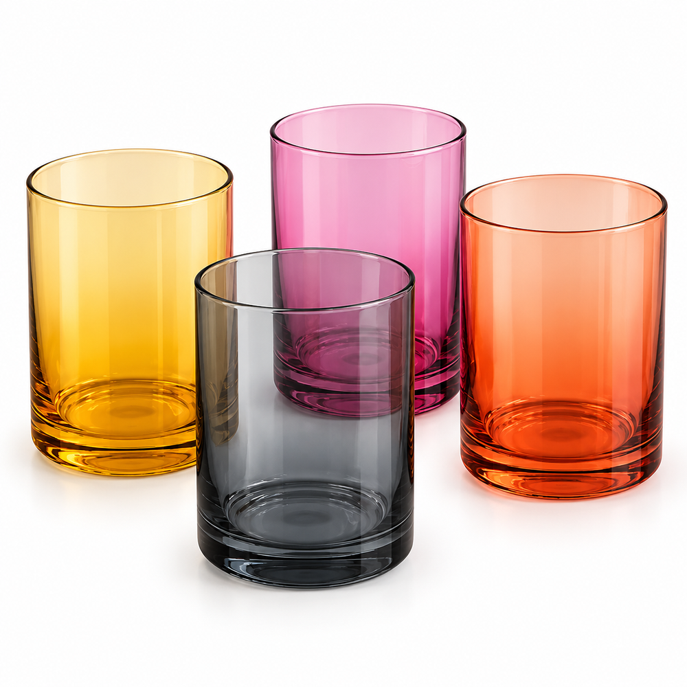 Danny Home 4 piece multicolor glass tumbler set 385ml displayed on marble surface