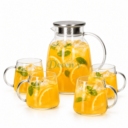 Danny Home 5-piece glass juice pitcher and 4 matching glasses set with orange juice on a dining table