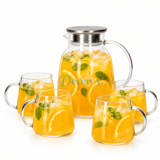 Danny Home 5-piece glass juice pitcher and 4 matching glasses set with orange juice on a dining table