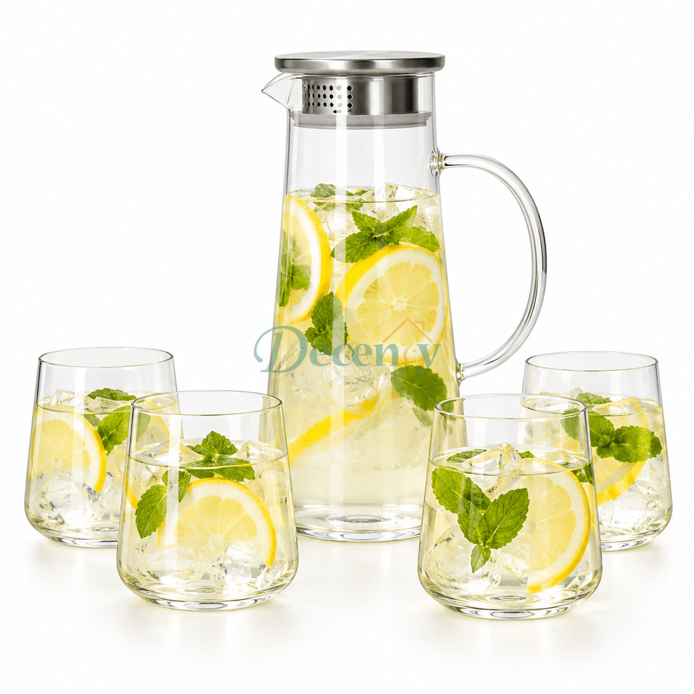 Danny Home 5-piece glass pitcher set containing 1.79L water jug with stainless steel lid and 4 matching drinking glasses filled with iced lemonade