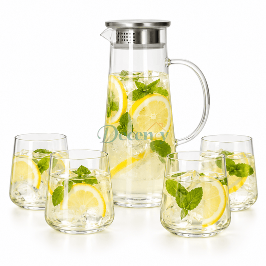 Danny Home 5-piece glass pitcher set containing 1.79L water jug with stainless steel lid and 4 matching drinking glasses filled with iced lemonade