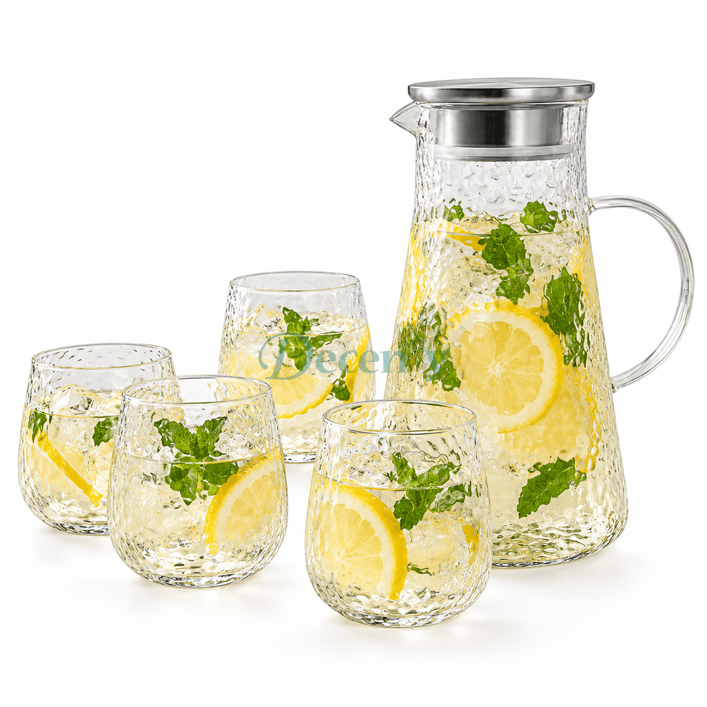 Danny Home 5-piece set featuring a 1.79L hammered glass water jug with a stainless steel lid and 4 matching glasses filled with lemon mint juice on a dining table.