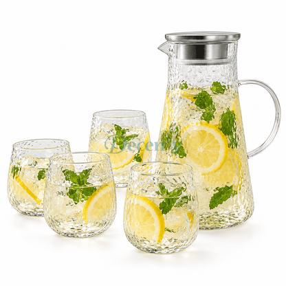 Danny Home 5-piece set featuring a 1.79L hammered glass water jug with a stainless steel lid and 4 matching glasses filled with lemon mint juice on a dining table.