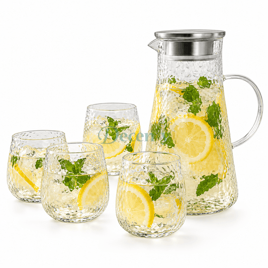 Danny Home 5-piece set featuring a 1.79L hammered glass water jug with a stainless steel lid and 4 matching glasses filled with lemon mint juice on a dining table.