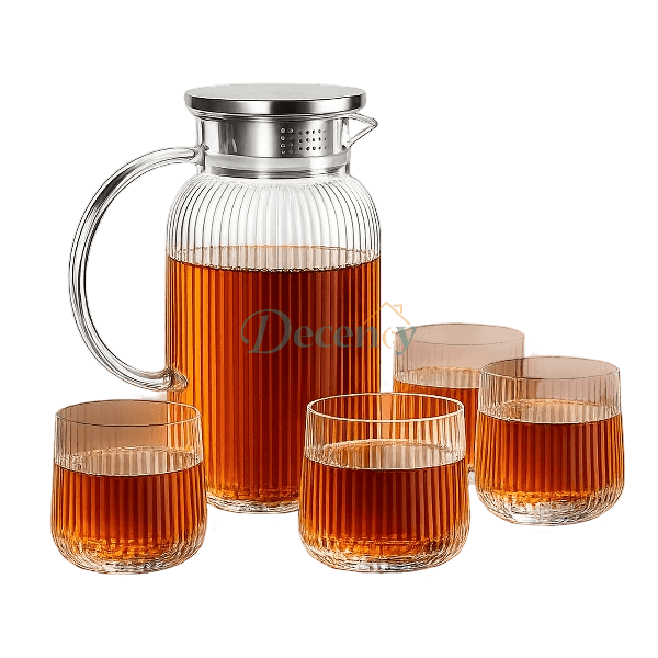 Danny Home 5Pcs ribbed glass teapot set filled with tea alongside 4 matching glass cups