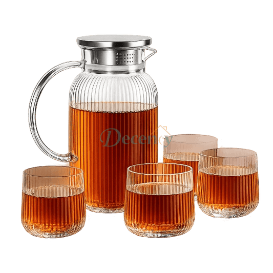 Danny Home 5Pcs ribbed glass teapot set filled with tea alongside 4 matching glass cups