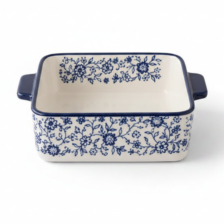 Danny Home 7 inch square porcelain baking dish featuring a detailed blue floral pattern on marble background.