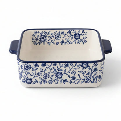 Danny Home 7 inch square porcelain baking dish featuring a detailed blue floral pattern on marble background.