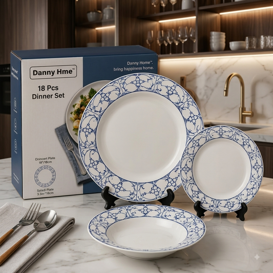 Danny Home deep soup plate with blue geometric pattern on display stand