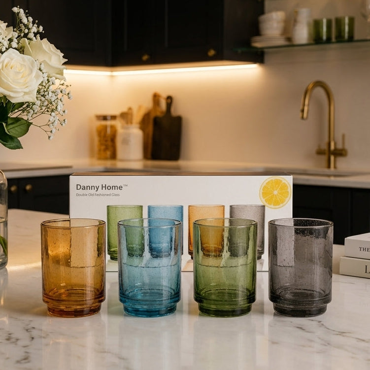 Danny Home 450ml bubble glass tumbler set of 4 pieces on a clean white background