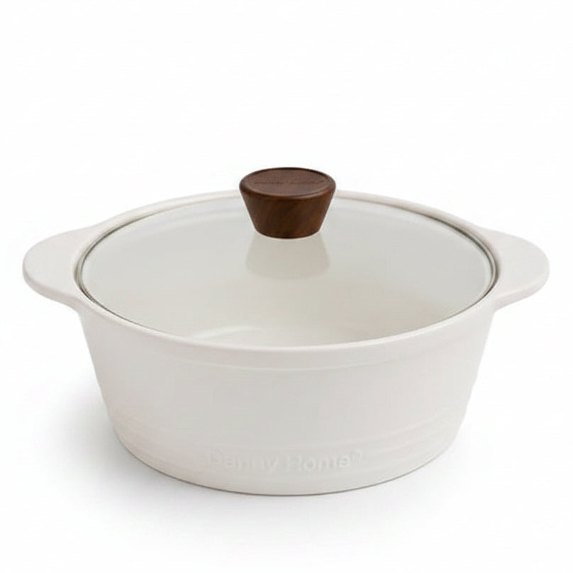 White Danny Home 2.5L ceramic soup pot placed on a marble kitchen counter