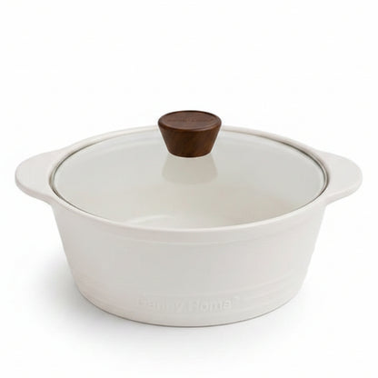 White Danny Home 2.5L ceramic soup pot placed on a marble kitchen counter