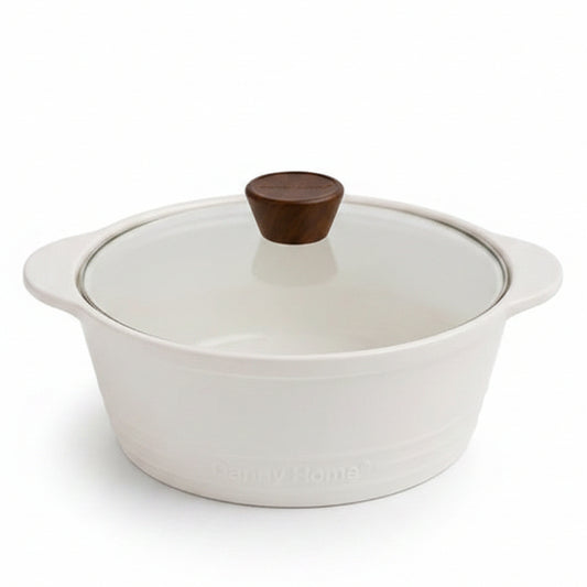 White Danny Home 2.5L ceramic soup pot placed on a marble kitchen counter
