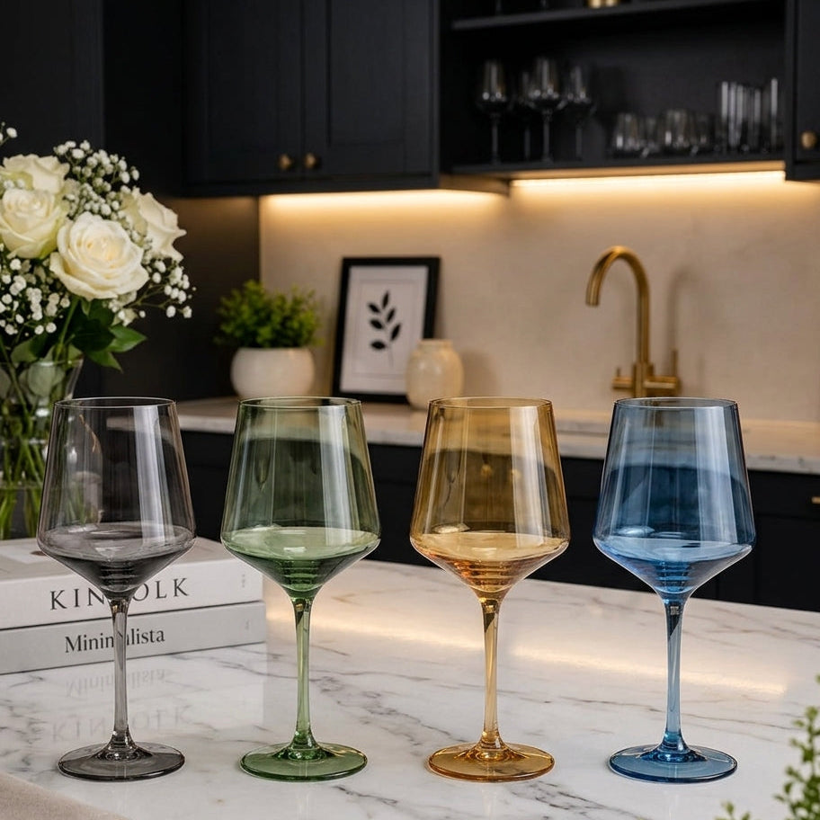 Danny Home 4-piece colored glass set with 450ml capacity displayed on a white marble countertop