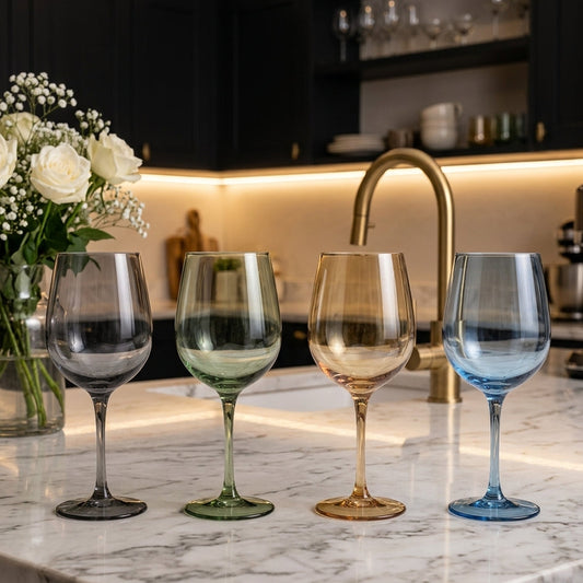 Danny Home 4-piece colored goblet glassware set 450ml on marble kitchen counter