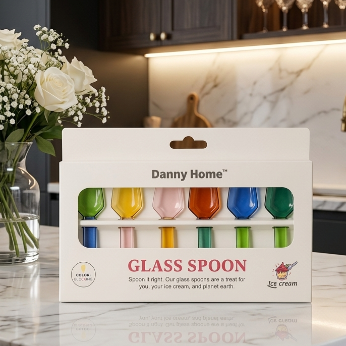 Danny Home packaging featuring a set of 6 colorful glass ice cream spoons on a modern kitchen counter.