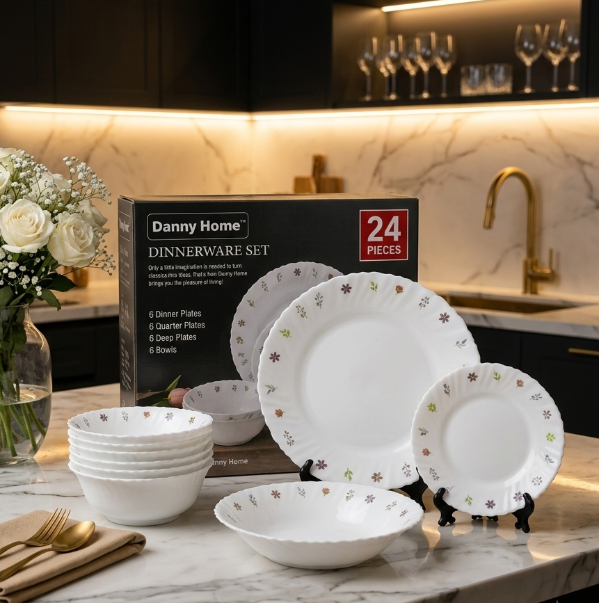Danny Home Floral Elegance 24-piece dinner set displayed on a marble kitchen counter with flower vase.