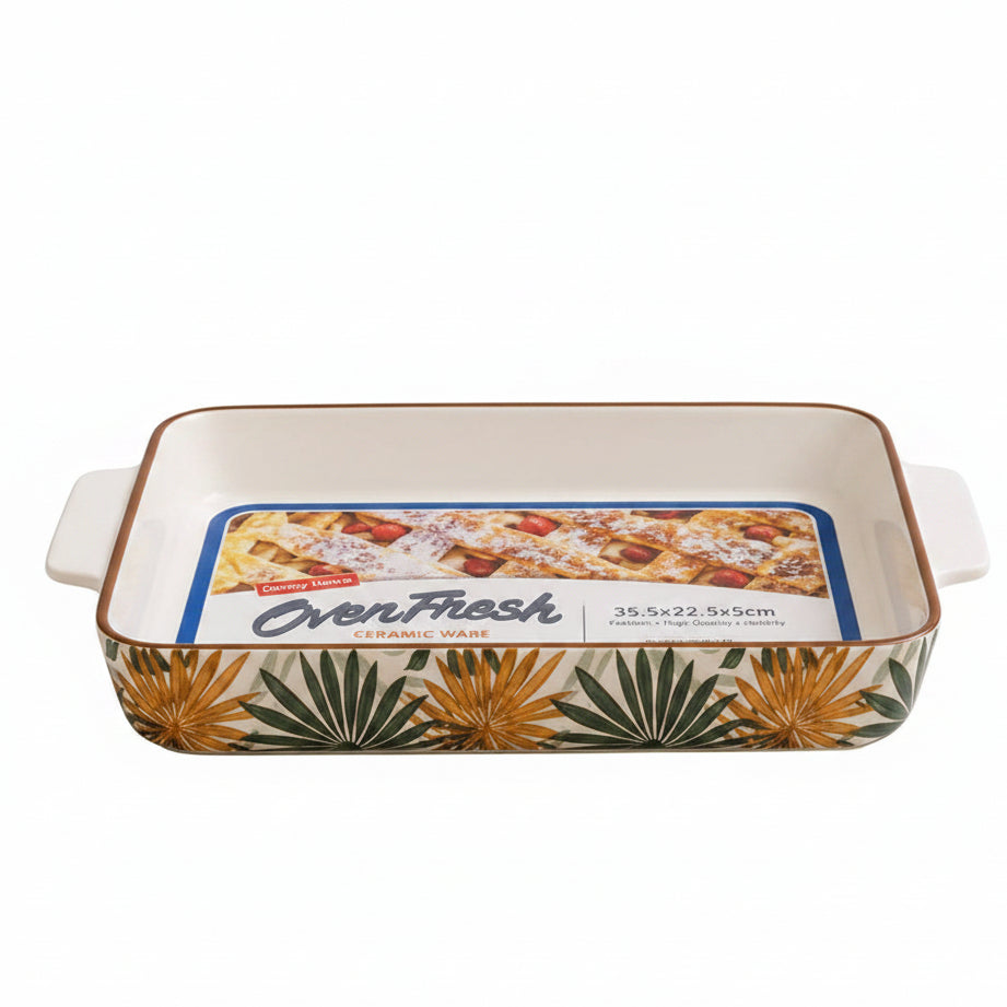 Danny Home floral ceramic baking and serving dish with side handles placed on a countertop
