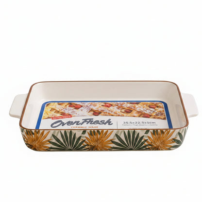 Danny Home floral ceramic baking and serving dish with side handles placed on a countertop