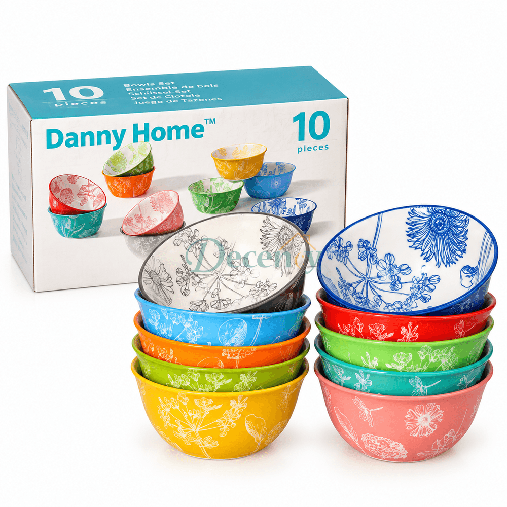 Danny Home 10-piece floral print ceramic bowl set stacked together next to product retail box