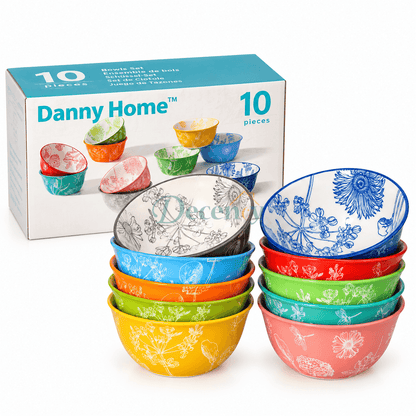 Danny Home 10-piece floral print ceramic bowl set stacked together next to product retail box