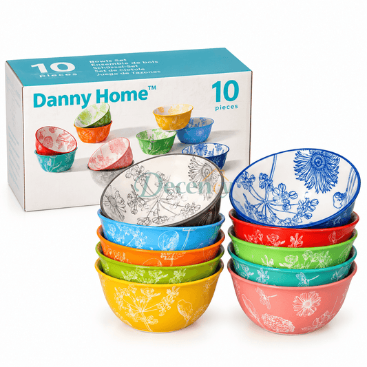 Danny Home 10-piece floral print ceramic bowl set stacked together next to product retail box