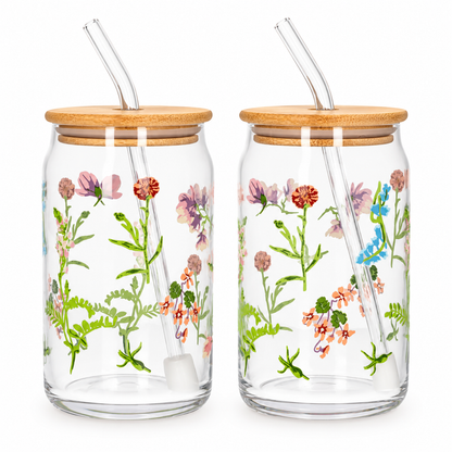 Danny Home 2 piece clear floral print glass can tumblers with bamboo lids and bent glass straws