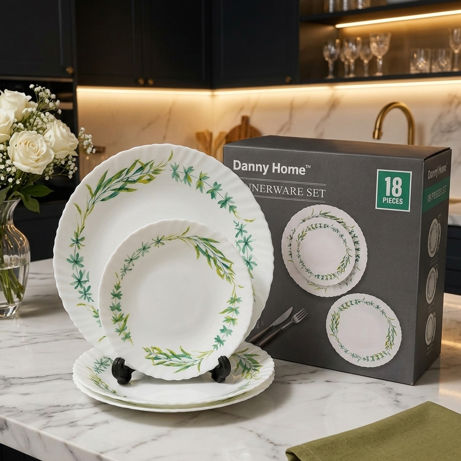 Danny Home floral green dinnerware set displayed with original packaging box
