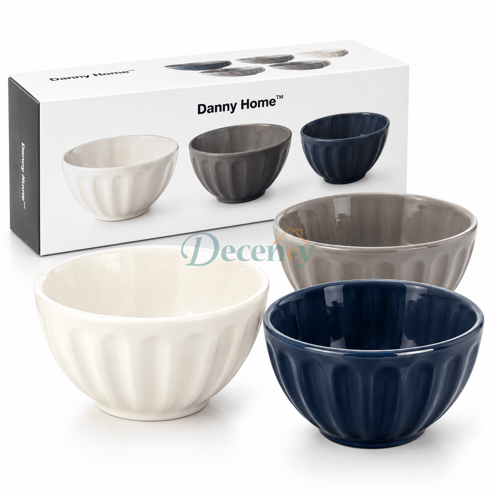 Danny Home 3 piece fluted ceramic dessert bowl set in off-white, grey, and navy blue with box packaging