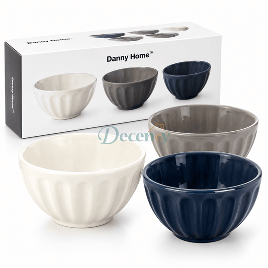 Danny Home 3 piece fluted ceramic dessert bowl set in off-white, grey, and navy blue with box packaging