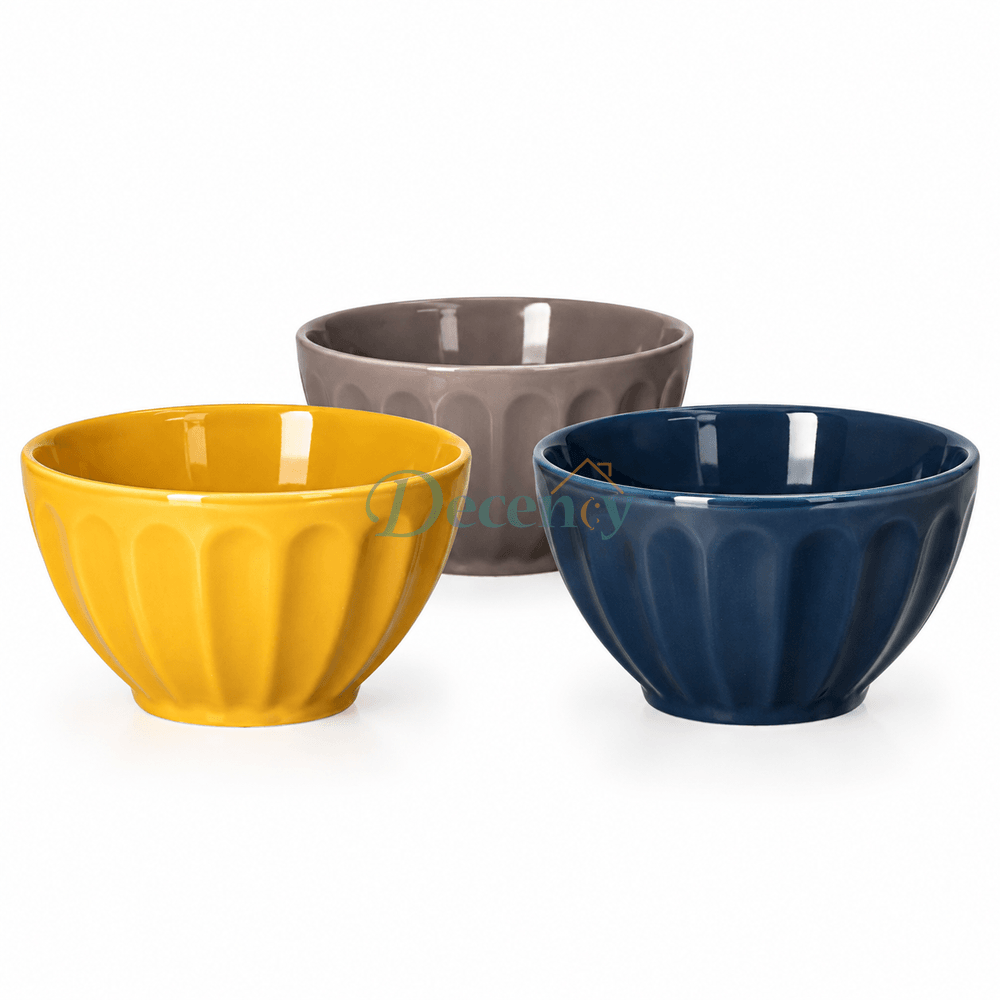 Danny Home 3-piece fluted ceramic dessert bowl set in yellow, grey, and navy blue
