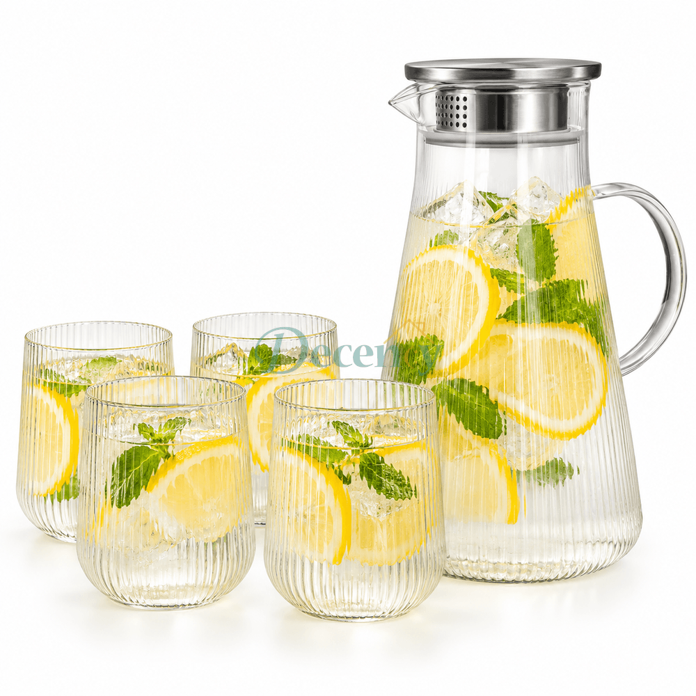 Danny Home 5-piece fluted glass water pitcher set with 4 matching tumblers on a marble dining table.