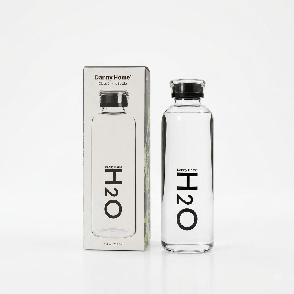 Danny Home 750ml clear glass water bottle with black H2O print next to its original box on a marble countertop.