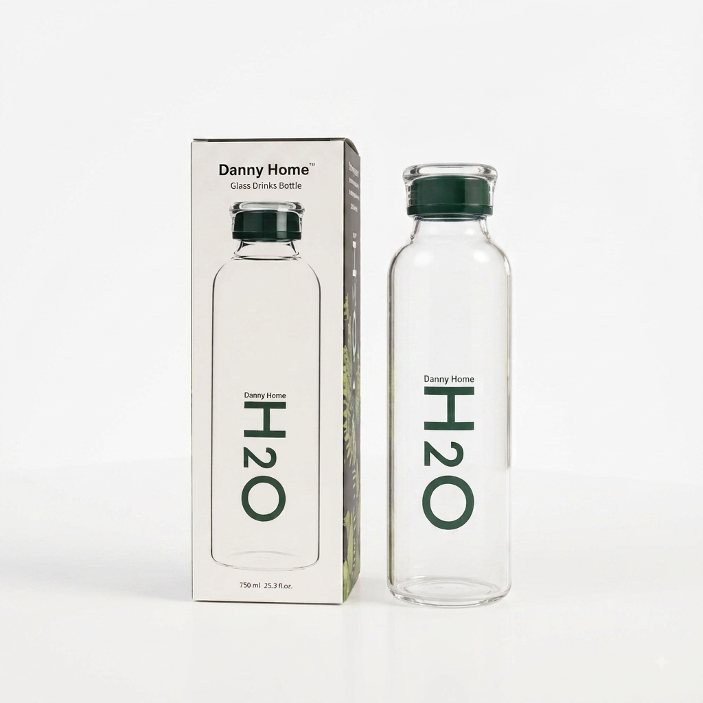 Danny Home 750ml clear glass water bottle with green H2O logo standing next to its original packaging on a kitchen marble counter.