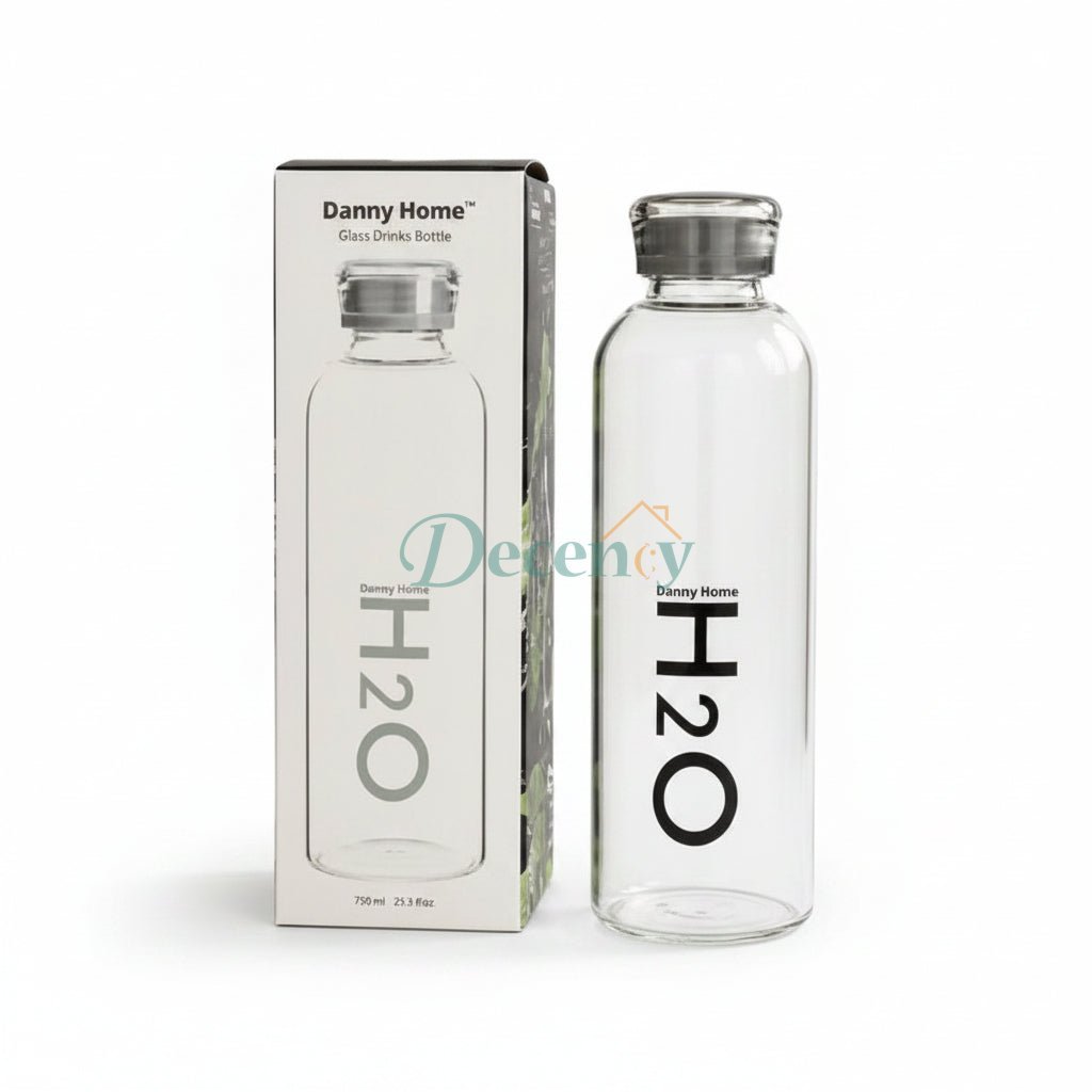 Danny Home 750ml clear glass water bottle in grey standing on marble countertop