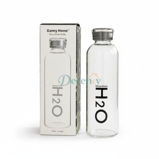 Danny Home 750ml clear glass water bottle in grey standing on marble countertop