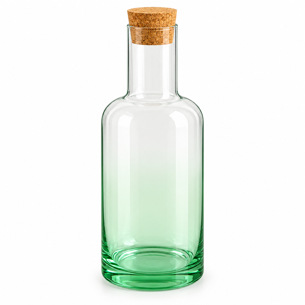 Danny Home 1520ml clear glass water bottle with natural cork stopper and green base.