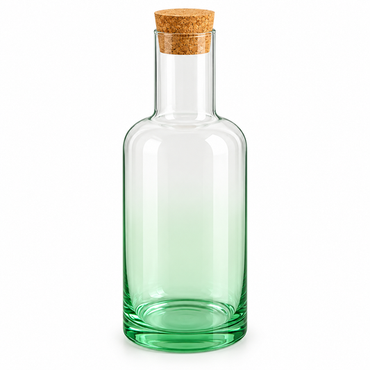 Danny Home 1520ml clear glass water bottle with natural cork stopper and green base.