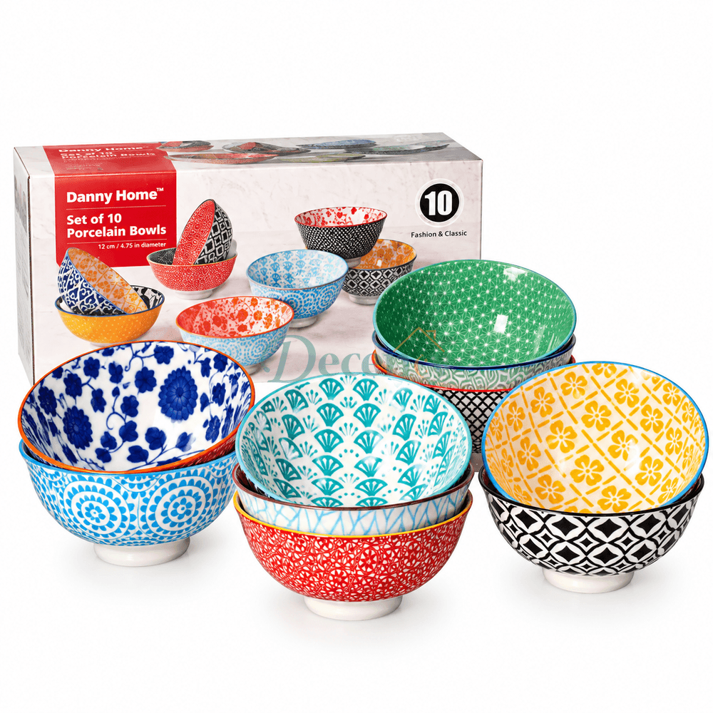 Danny Home 10 piece set of vibrant multicolor ceramic porcelain bowls arranged together