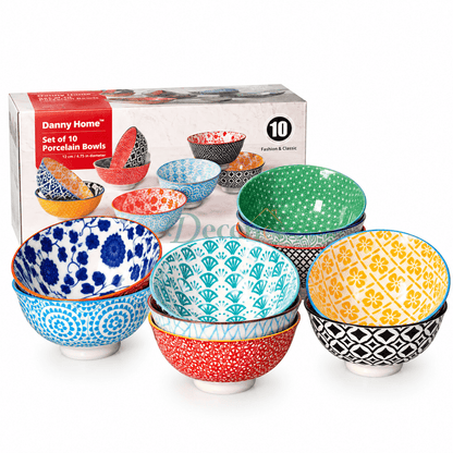 Danny Home 10 piece set of vibrant multicolor ceramic porcelain bowls arranged together