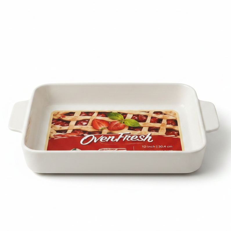Danny Home OvenFresh 12-inch white rectangular ceramic baking dish placed on a countertop.