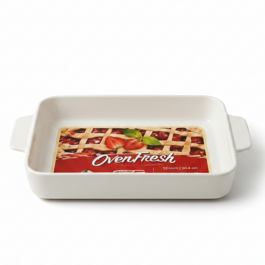 Danny Home OvenFresh 12-inch white rectangular ceramic baking dish placed on a countertop.