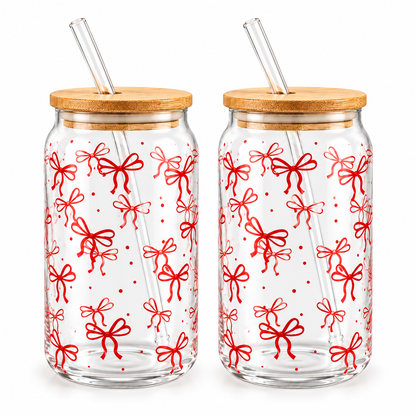 Danny Home 2 pcs glass can tumblers printed with red bow design, bamboo lids, and glass straws